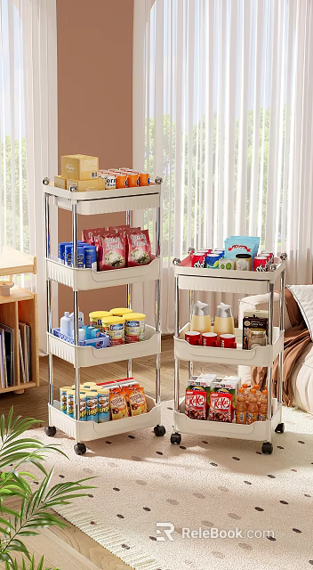 Multi Tier Storage Racks With Food Items Snacks And Bottles For Kitchen Organization 3d model