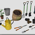 Yellow Watering Can Shovels Rakes And Sack Of Soil With Plant Pots For Gardening