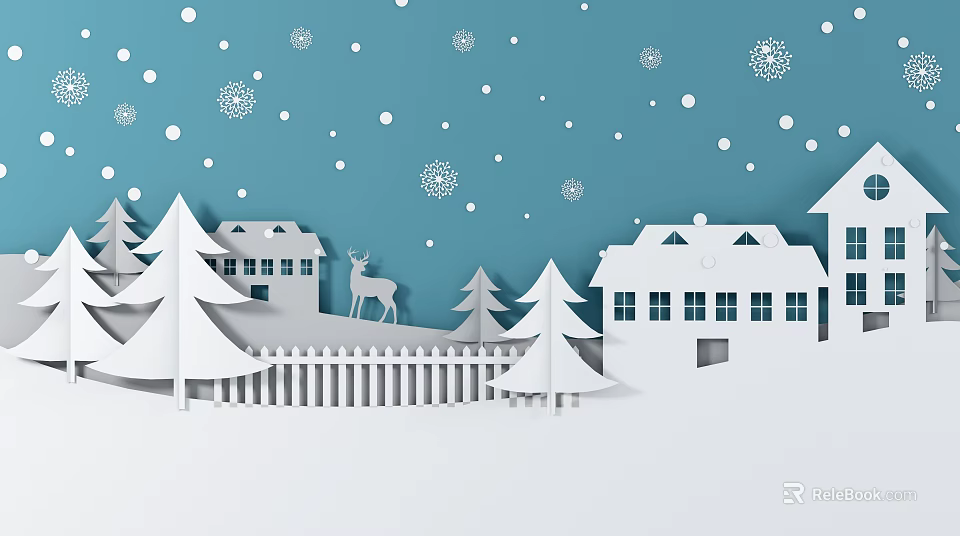 Christmas Wall Decor With Blue Background White Snowflakes Papercut Houses Trees Fence And Deer 3d model 