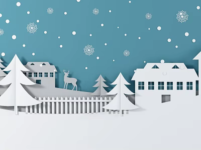 Christmas Wall Decor With Blue Background White Snowflakes Papercut Houses Trees Fence And Deer 3d model