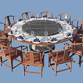 Round Marble Top Dining Table Set With Wooden Upholstered Chairs And Tableware 3d model