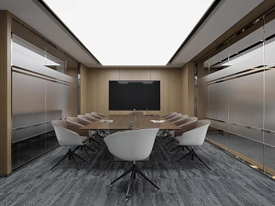 Modern Conference Room With Long Table Chairs Large Screen And Wooden Walls 3d model