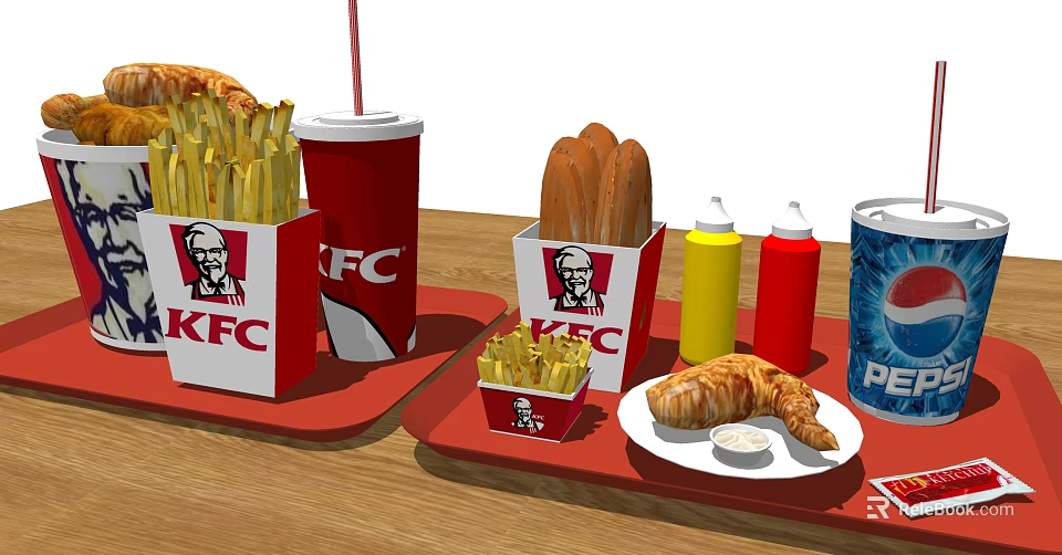 KFC Fast Food Assortment with Fries Drink Breadsticks Ketchup Mustard Pepsi Can and Croissant 3d model 