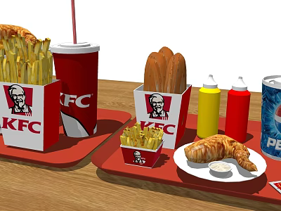 KFC Fast Food Assortment with Fries Drink Breadsticks Ketchup Mustard Pepsi Can and Croissant 3d model
