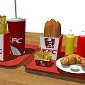 KFC Fast Food Assortment with Fries Drink Breadsticks Ketchup Mustard Pepsi Can and Croissant