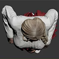 Blonde Woman In White Sweater Red Pleated Skirt And Long White Socks On Black Background