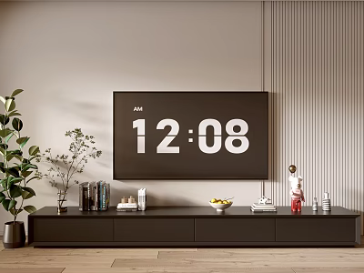 Modern Dark TV Stand with Flat Screen TV Vase Books Fruit Tray and Decorative Items 3d model