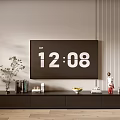 Modern Dark TV Stand with Flat Screen TV Vase Books Fruit Tray and Decorative Items