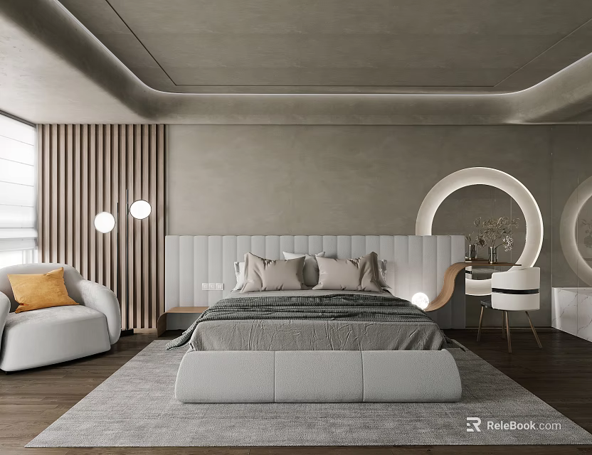 Modern Bedroom Interior Design With White Bed Gray Walls Wooden Flooring And Round Mirrors 3d model 