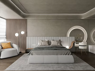 Modern Bedroom Interior Design With White Bed Gray Walls Wooden Flooring And Round Mirrors 3d model