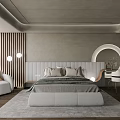 Modern Bedroom Interior Design With White Bed Gray Walls Wooden Flooring And Round Mirrors