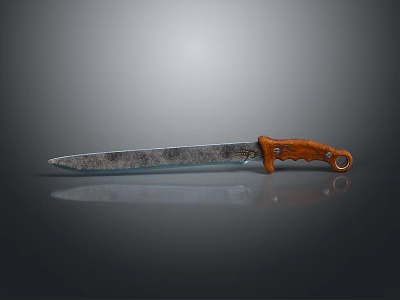 Practical Kitchen Knife With Patterned Blade Brown Wooden Handle And Metal Rivets Loop End 3d model