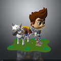 Cartoon Boy With Red Hair And White Horned Creature On Green Grass With Small Plants