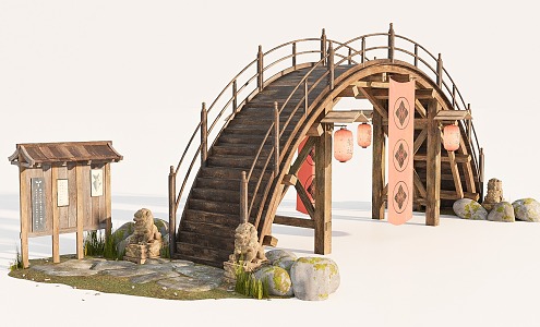 Ancient Arch Bridge Stone Lion Small Scenery Archway Stone Landscape 3d model