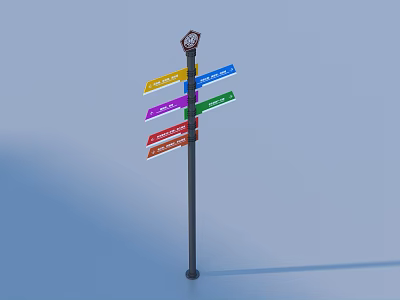 Colorful Direction Signpost with Clock on Top and Multiple Colored Arrows 3d model