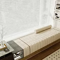 Cozy Window Seat with Beige Padded Cushion White Blinds and Framed