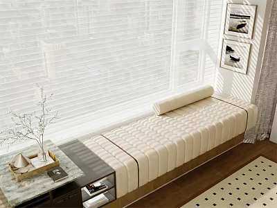 Cozy Window Seat with Beige Padded Cushion White Blinds and Framed 3d model