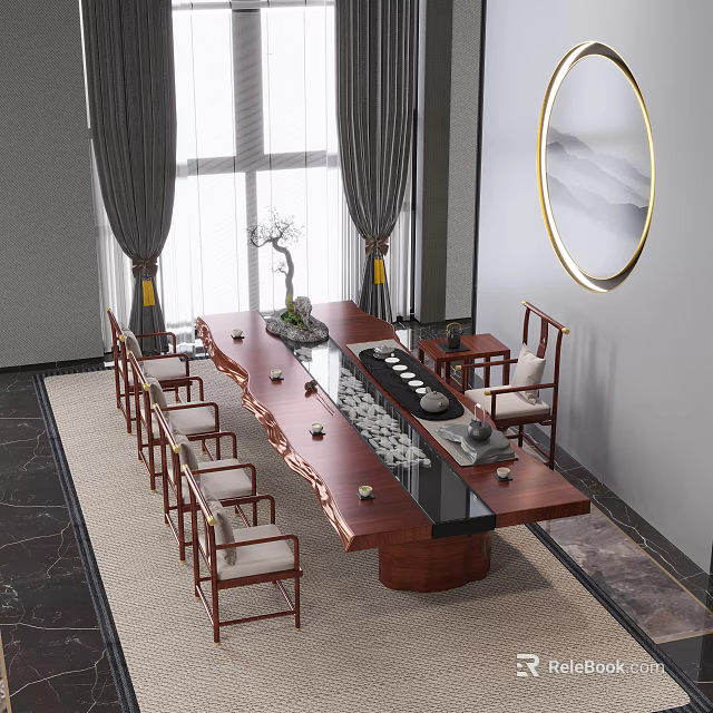 Chinese Style Solid Wood Tea Table And Chairs With Gray Curtains And Round Wall Decor 3d model 