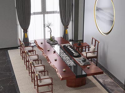 Chinese Style Solid Wood Tea Table And Chairs With Gray Curtains And Round Wall Decor 3d model