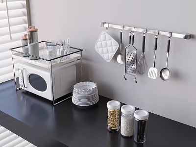 Modern Kitchen Countertop With Glass Spice Jars Stacked Plates And Hanging Cooking Utensils 3d model