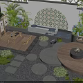 Courtyard Garden Featuring Mosaic Decorative Wall Green Plants Stone Pathways Fire Pit And Colorful Flowers