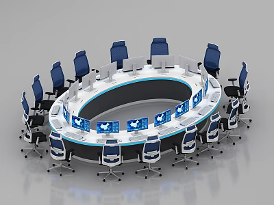 Modern Conference Room With Circular Table Blue Chairs And Multiple Screens 3d model