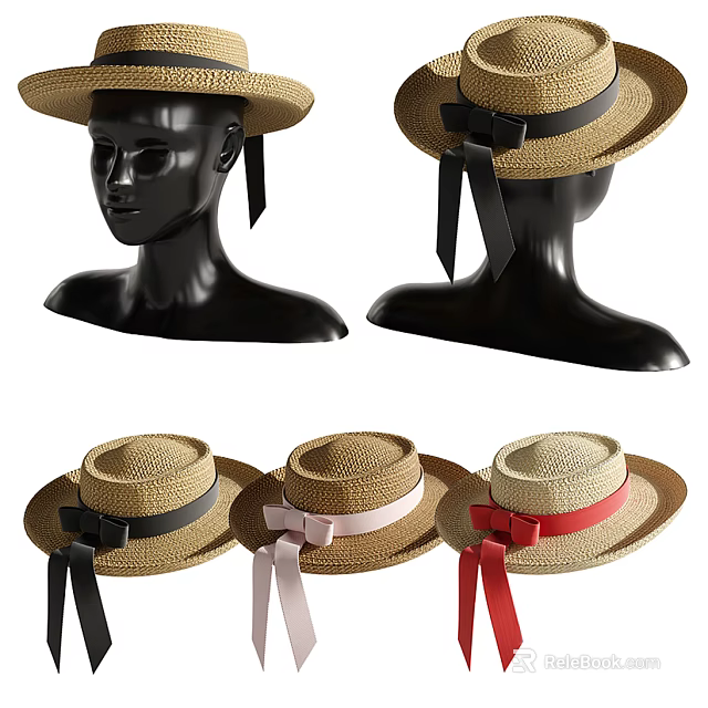 Stylish Straw Hats with Bowknots and Black Pink Red Ribbons on Mannequin 3d model 