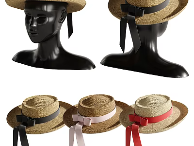 Stylish Straw Hats with Bowknots and Black Pink Red Ribbons on Mannequin 3d model
