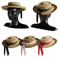 Stylish Straw Hats with Bowknots and Black Pink Red Ribbons on Mannequin
