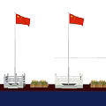 Two Chinese National Flags Flying on White Flagpoles Green Grassland Red Carpet and Yellow Flowers