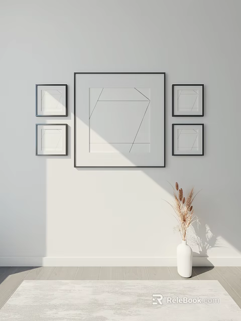 Abstract Paintings With Geometric Lines Framed On White Wall Large Central And Small Surrounding 3d model 