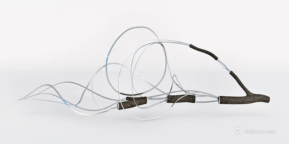 Dynamic Abstract Sculpture With Curved Silver Metal Wires And Black Wooden Blocks 3d model 