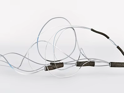 Dynamic Abstract Sculpture With Curved Silver Metal Wires And Black Wooden Blocks 3d model