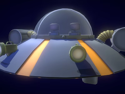 3D Sci Fi UFO Design With Dome Round Windows Blue Orange Stripes And Pipes 3d model