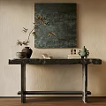Rustic Console Table With Bamboo Decor Ceramic Vases Tea Set And Wall Painting
