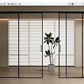 Modern Black Frame Glass Sliding Doors In Bright Interior With Indoor Plant And Wooden Floor