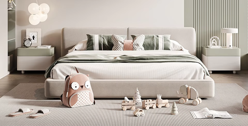 Cozy Double Bed with Upholstered Headboard Green White Striped Pink Pillows Wooden Toys Striped Rug 3d model 