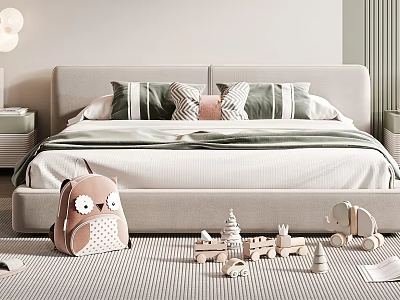 Cozy Double Bed with Upholstered Headboard Green White Striped Pink Pillows Wooden Toys Striped Rug 3d model