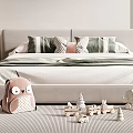Cozy Double Bed with Upholstered Headboard Green White Striped Pink Pillows Wooden Toys Striped Rug