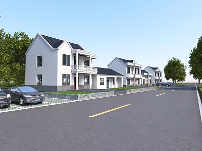 White Two Story Detached Villa With Black Roof Balcony Green Trees And Spacious Road 3d model