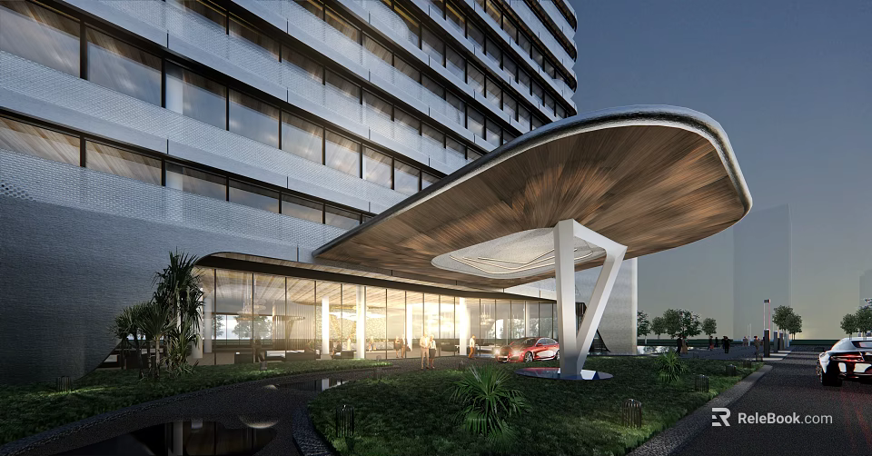 Modern Office Building with Glass Curtain Walls Unique Wooden Entrance Canopy and Landscaping 3d model 