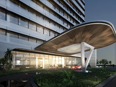 Modern Office Building with Glass Curtain Walls Unique Wooden Entrance Canopy and Landscaping 3d model