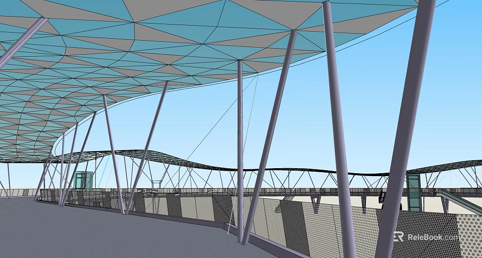 Modern Bridge With Blue Roof Structure Supporting Pillars And Mesh Fences 3d model 