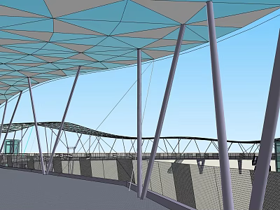 Modern Bridge With Blue Roof Structure Supporting Pillars And Mesh Fences 3d model