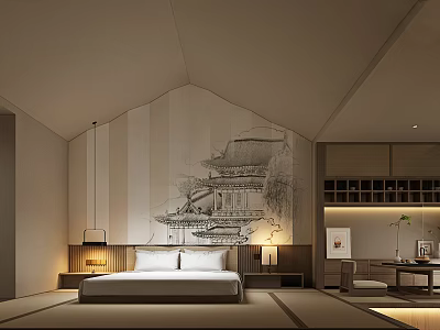Elegant Hotel Room Interior With Ancient Building Mural Tatami Floor And Bedside Lamps 3d model
