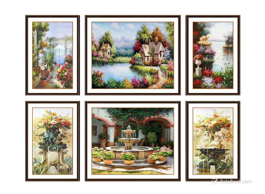 Decorative Framed Landscape Paintings Featuring Lake House Garden Fountain And Flowers 3d model 