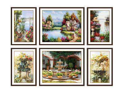 Decorative Framed Landscape Paintings Featuring Lake House Garden Fountain And Flowers 3d model