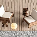 Outdoor Chairs With Wooden Frames White Cushions And Small Round Tables On Wooden Deck