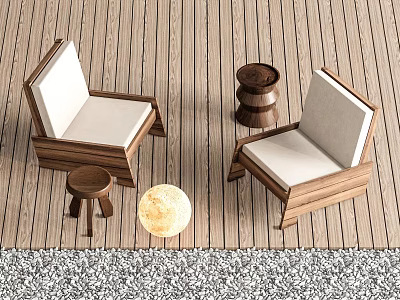 Outdoor Chairs With Wooden Frames White Cushions And Small Round Tables On Wooden Deck 3d model