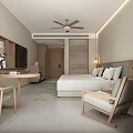 Modern Hotel Room Interior With Two Beds Ceiling Fan Bedside Lamps And Wall Lighting
